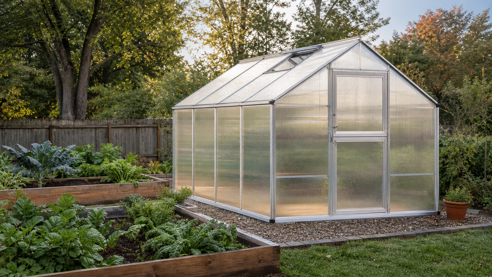 Large polycarbonate greenhouse kit on a gravel foundation beside raised vegetable beds