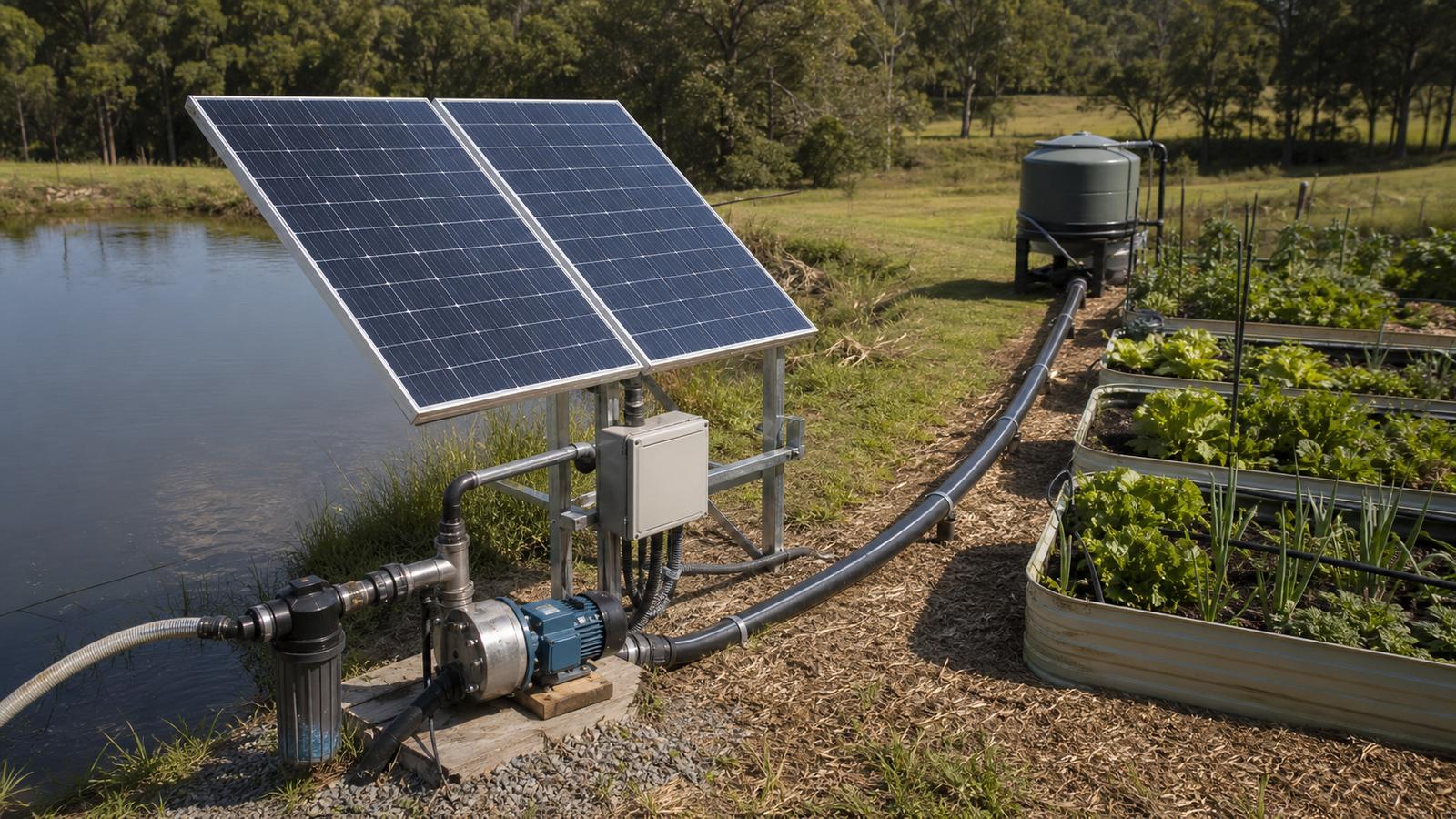 Solar water pump, panels, filter, storage tank and pipe supplying raised garden beds