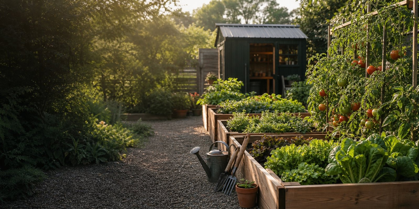 Raised vegetable beds and a garden shed in warm morning light