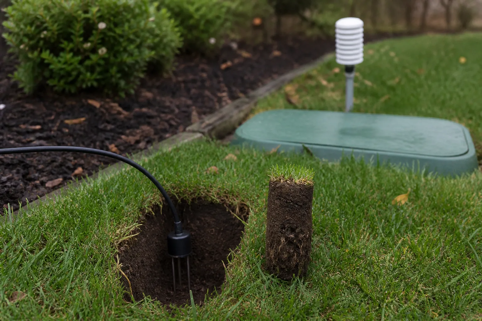 Soil moisture probe installed in turf beside a lifted soil plug, away from the sprinkler valve box