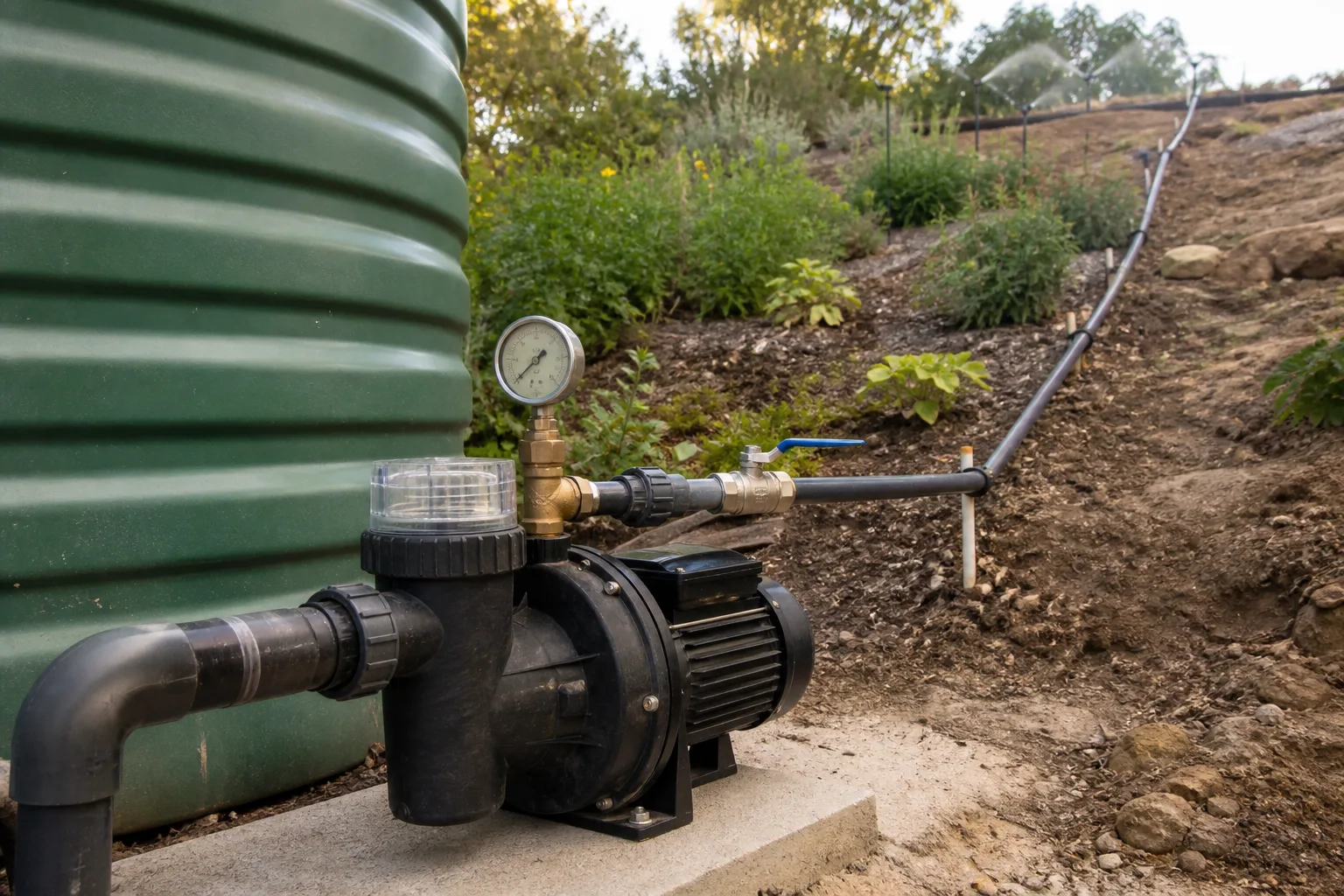Close view of an irrigation pump, pressure gauge, filter, supply pipe, and sprinklers higher on a garden slope