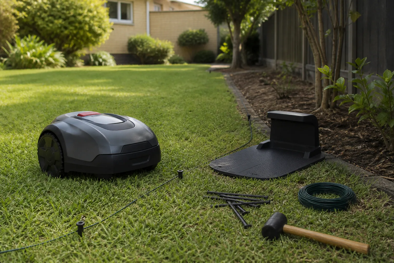 Robotic lawn mower installation: boundary wire and wire free setup