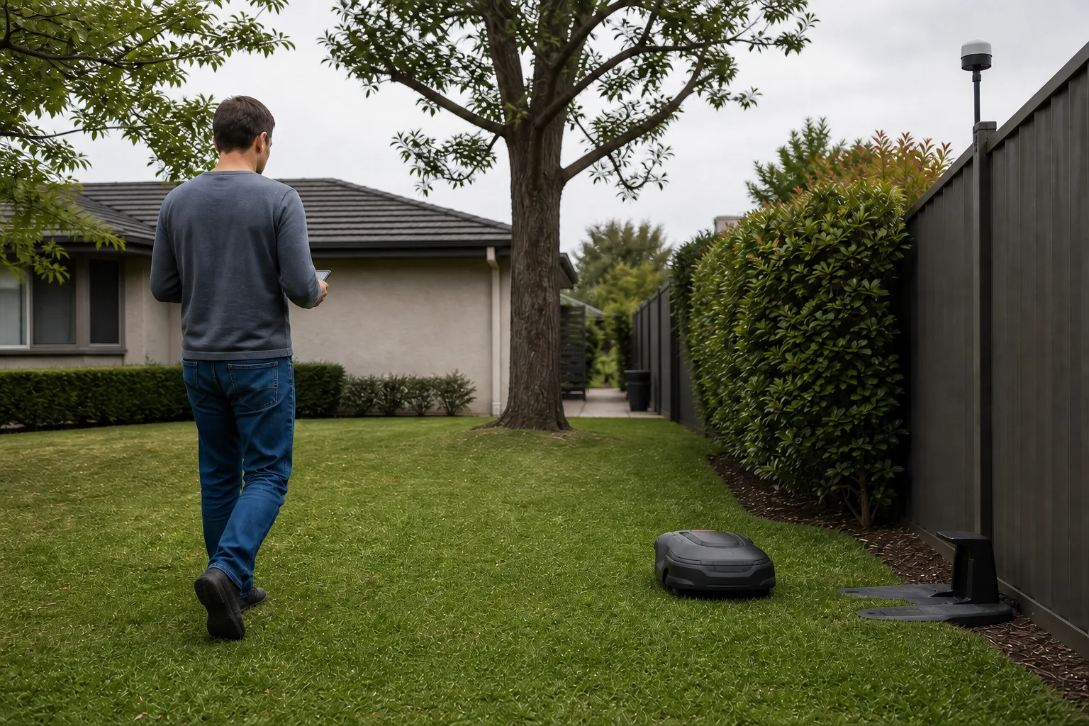 Homeowner using a phone to map a wire free robotic mower lawn with a reference antenna nearby