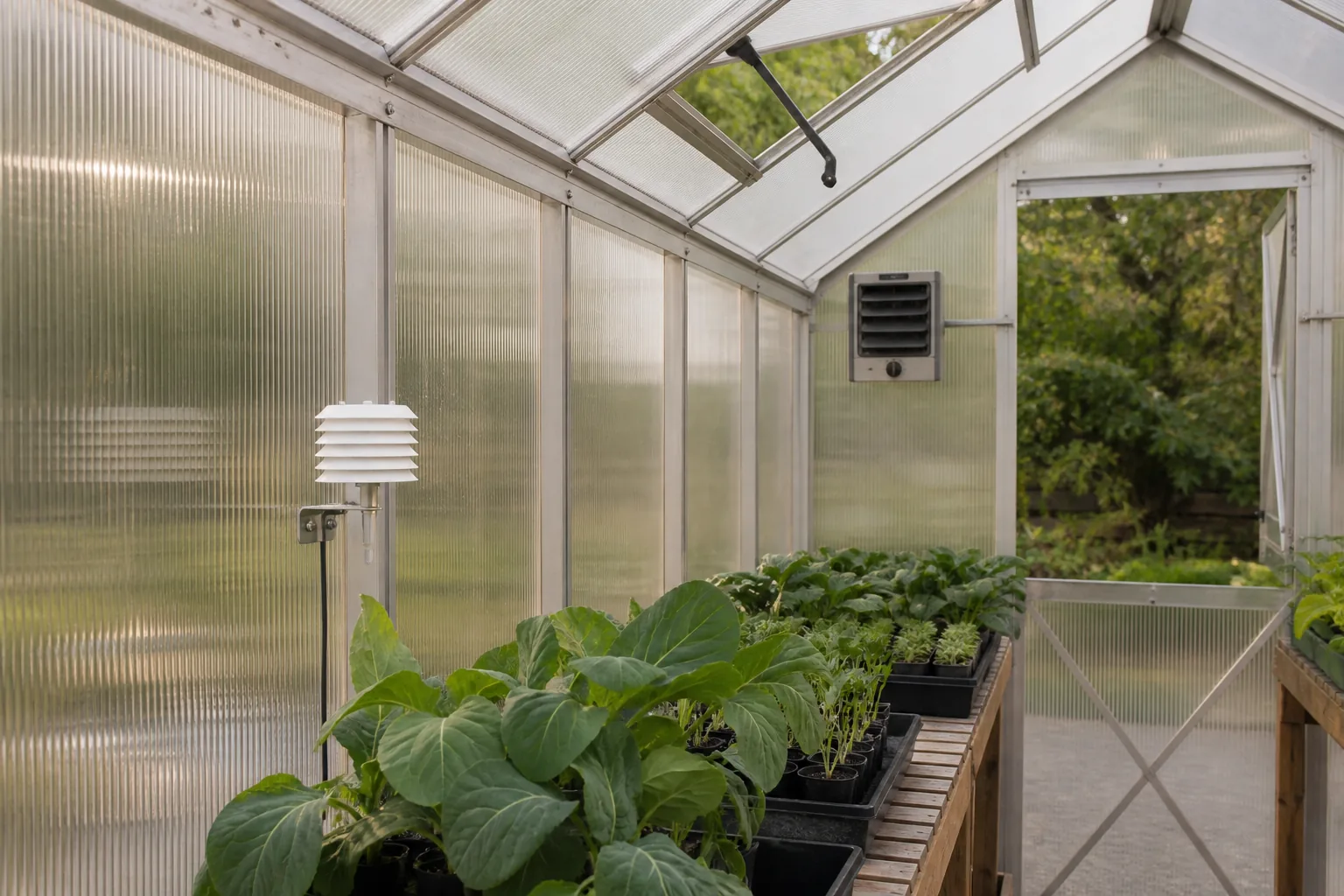 Shaded temperature sensor above a greenhouse bench, away from the heater, vent, and direct sun