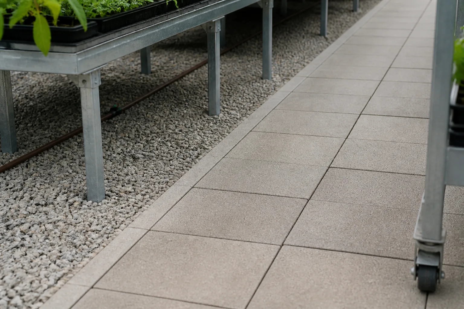 Close view of a flat paver aisle beside coarse gravel under greenhouse benches