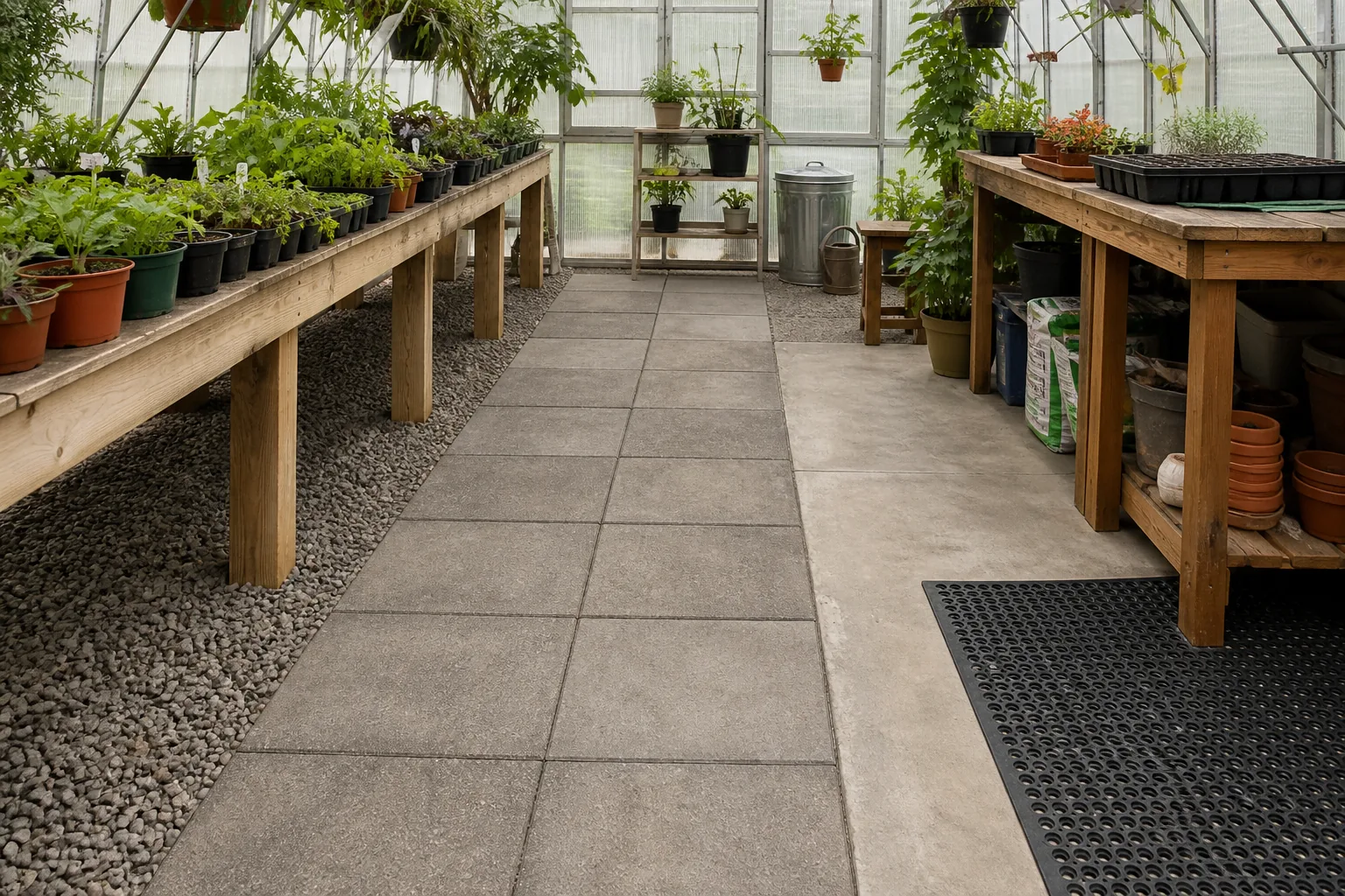 Greenhouse flooring options: gravel, pavers, concrete, or rubber mats?