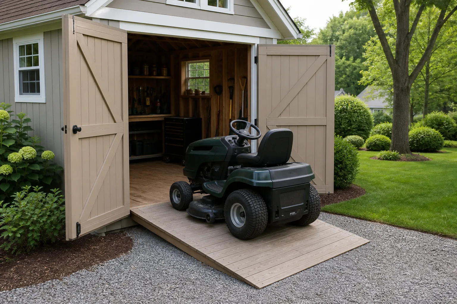 Riding mower aligned with wide double shed doors and a clear ramp approach