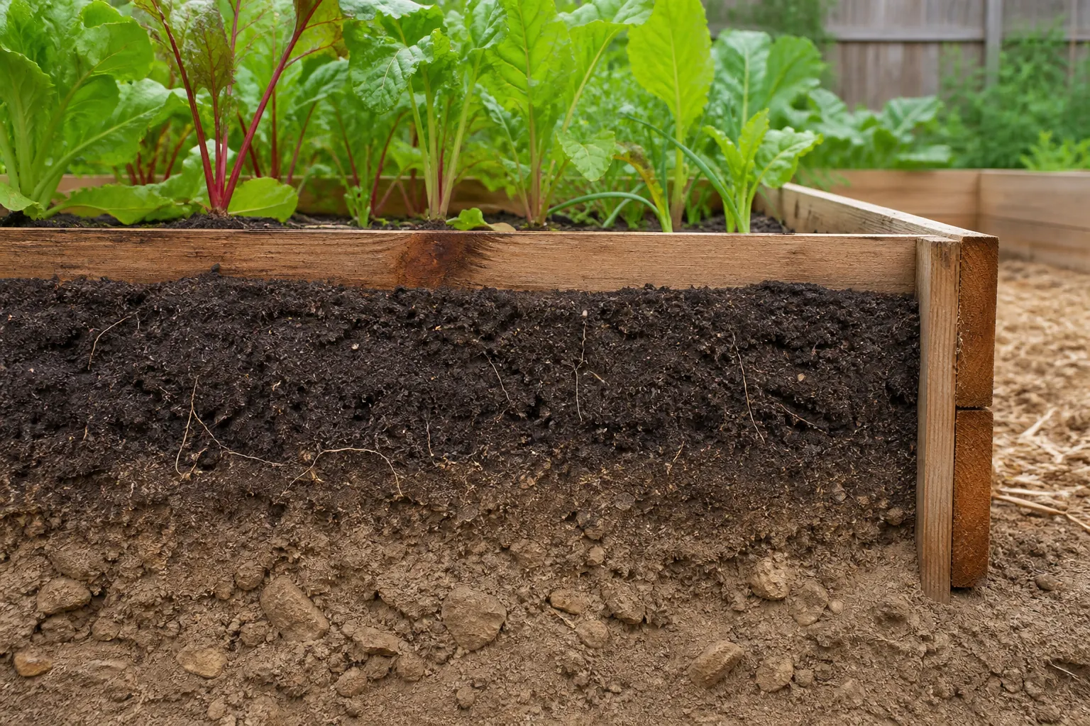 Cutaway view of an open-bottom raised bed with dark growing mix blending into loosened native soil