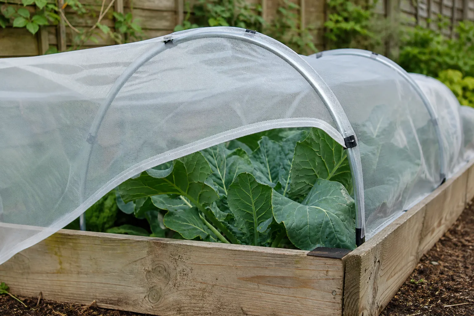 Four unlabeled garden cover materials folded beside a raised bed hoop