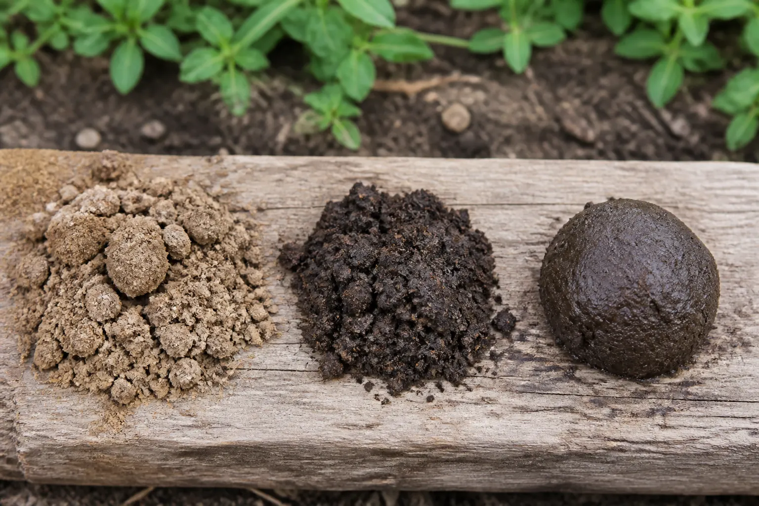 Three soil samples showing powder-dry, crumbly workable, and wet molded textures on a plain garden board