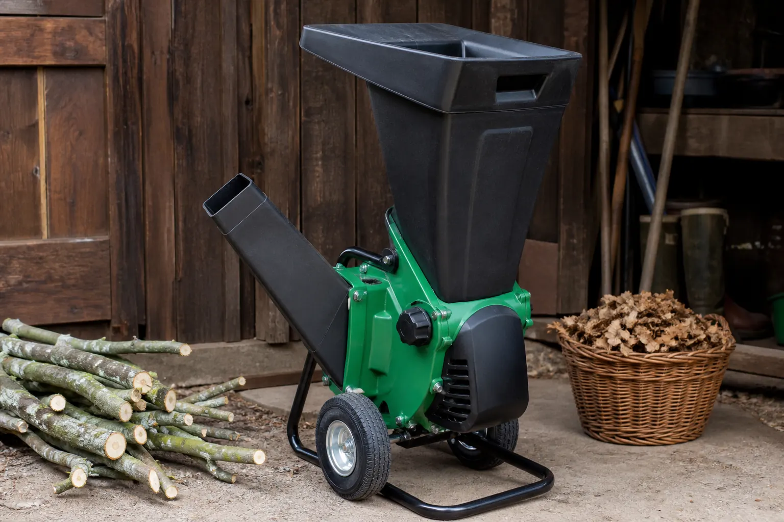 Close view of separate branch chute and broad debris hopper on an unbranded chipper shredder