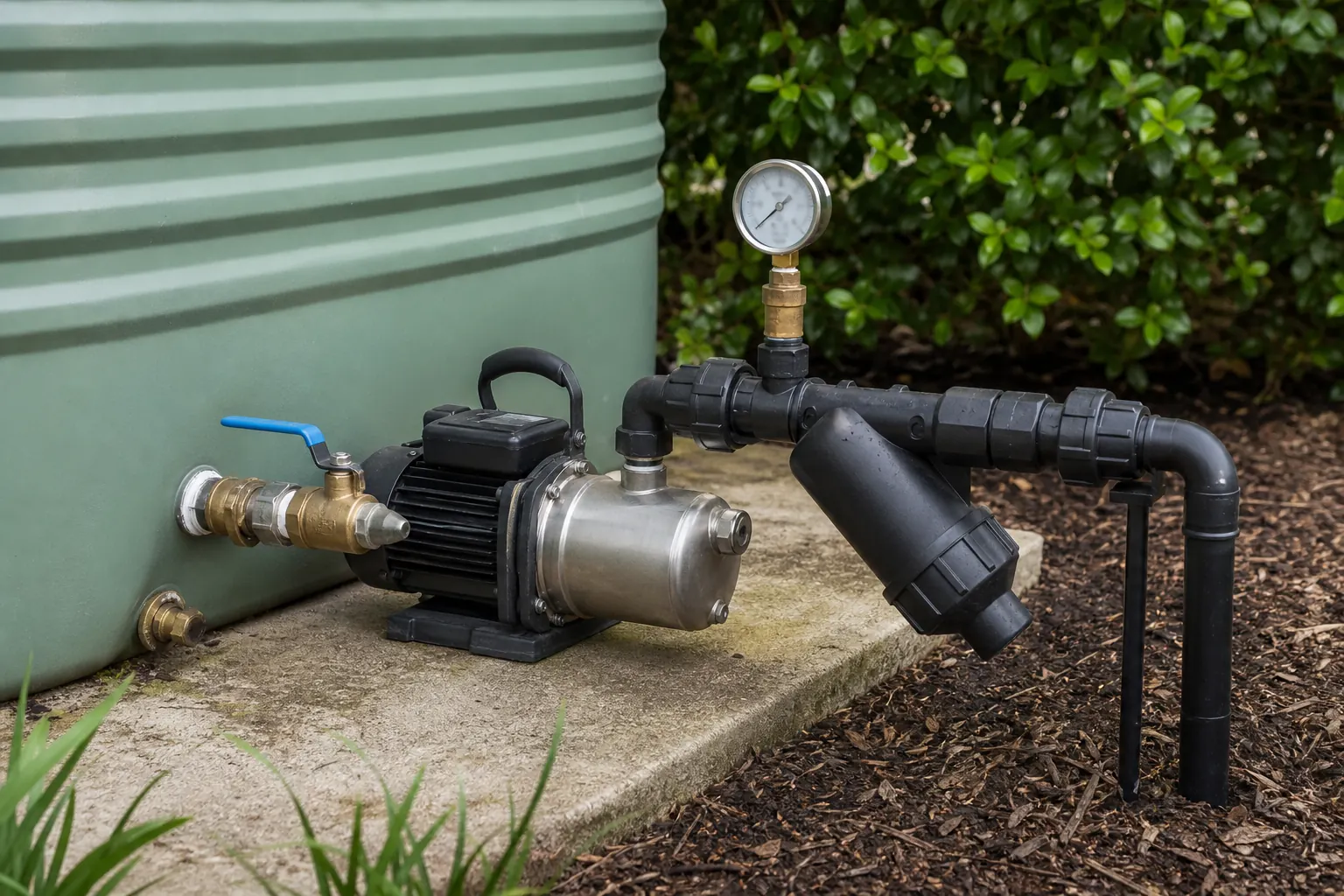 Close view of tank outlet, isolation valve, pump, filter, pressure gauge, and irrigation supply line