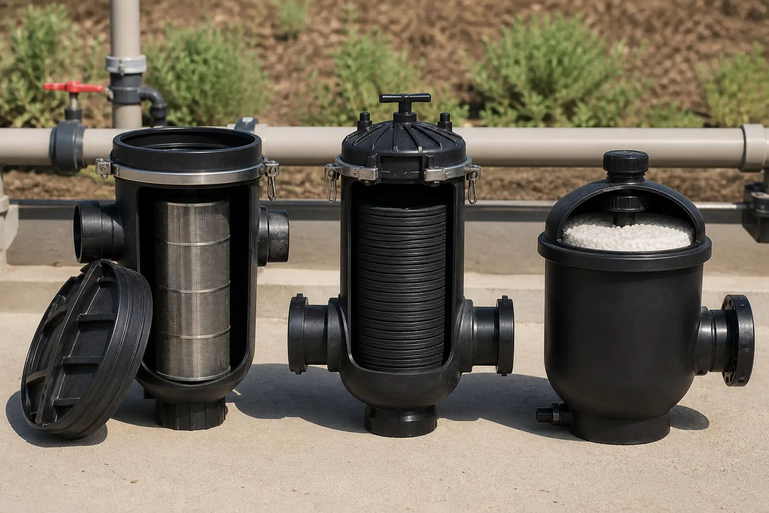 Three unbranded irrigation filtration forms arranged in a clean technical outdoor setting