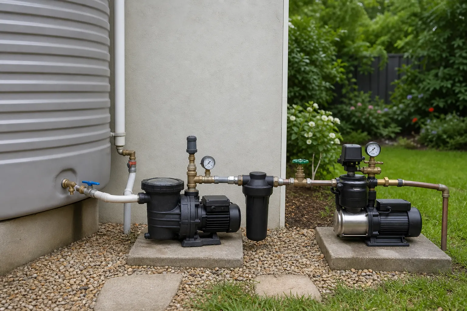 Two realistic irrigation layouts showing tank-fed source pump and inline pressure booster
