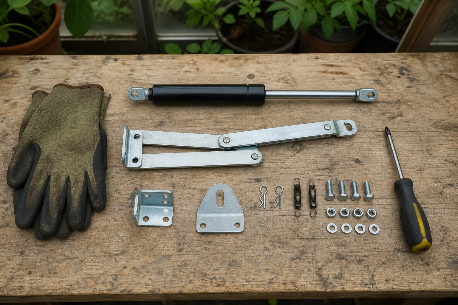 Generic vent opener cylinder, arms, brackets, pins, and fasteners on a workbench