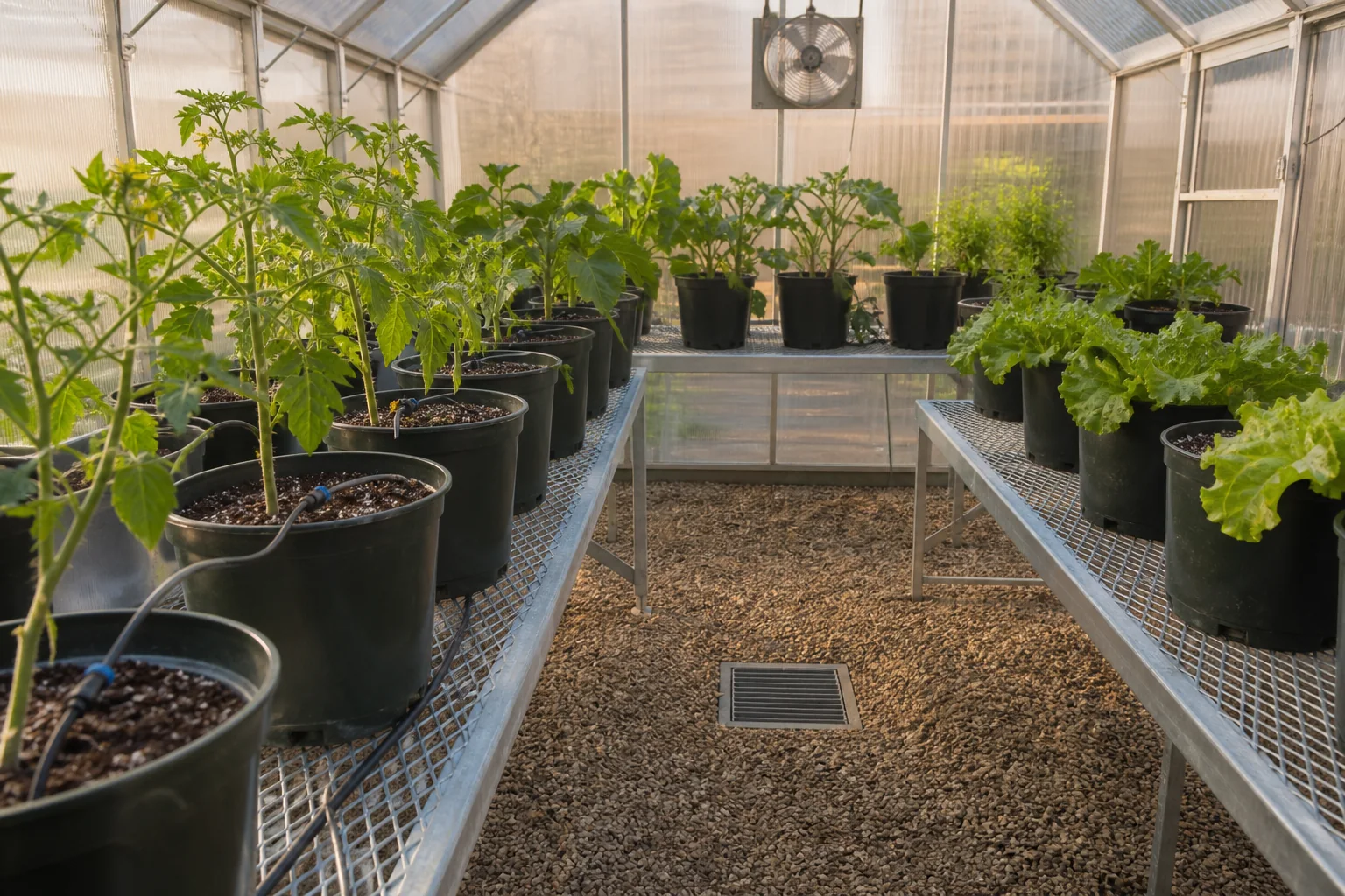 Spaced greenhouse plants with drip lines, a dry gravel floor, drain, and circulation fan