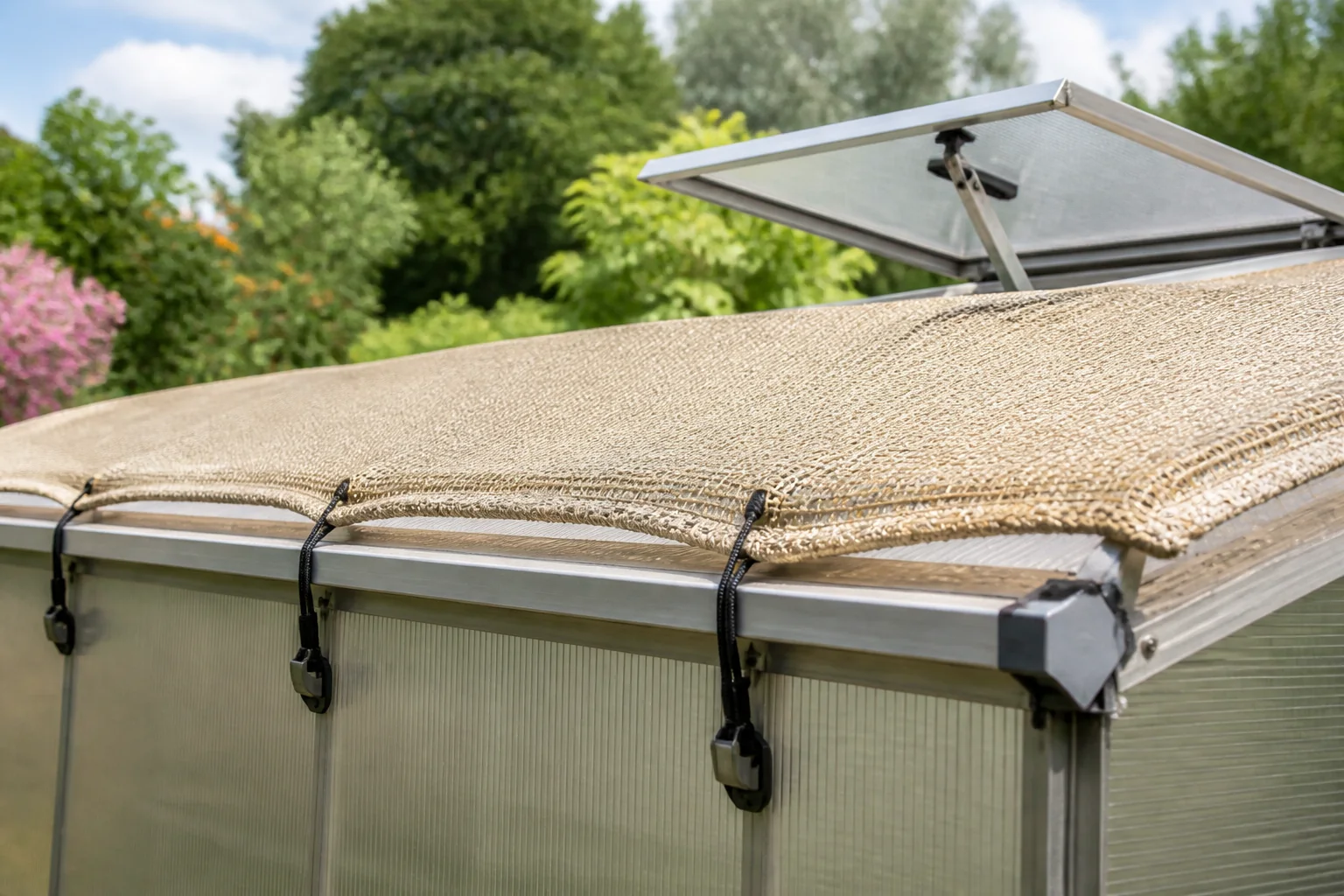 Shade cloth secured along a greenhouse roof edge with spaced clips