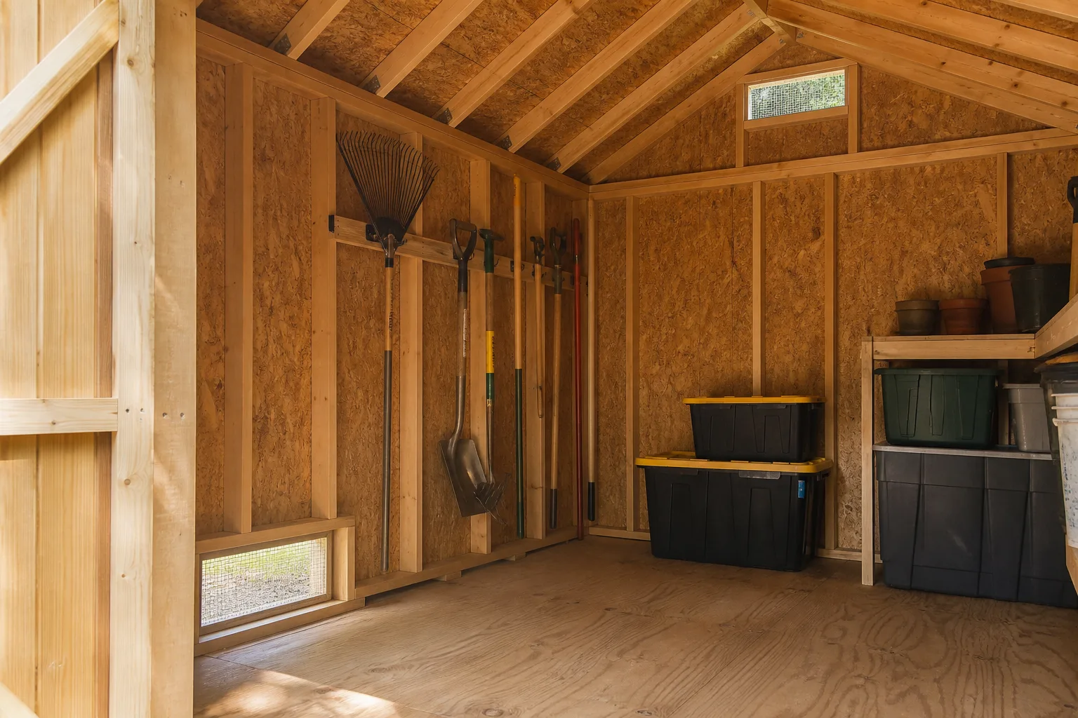 Unconditioned garden shed interior with a low screened vent and high screened vent around spaced storage bins
