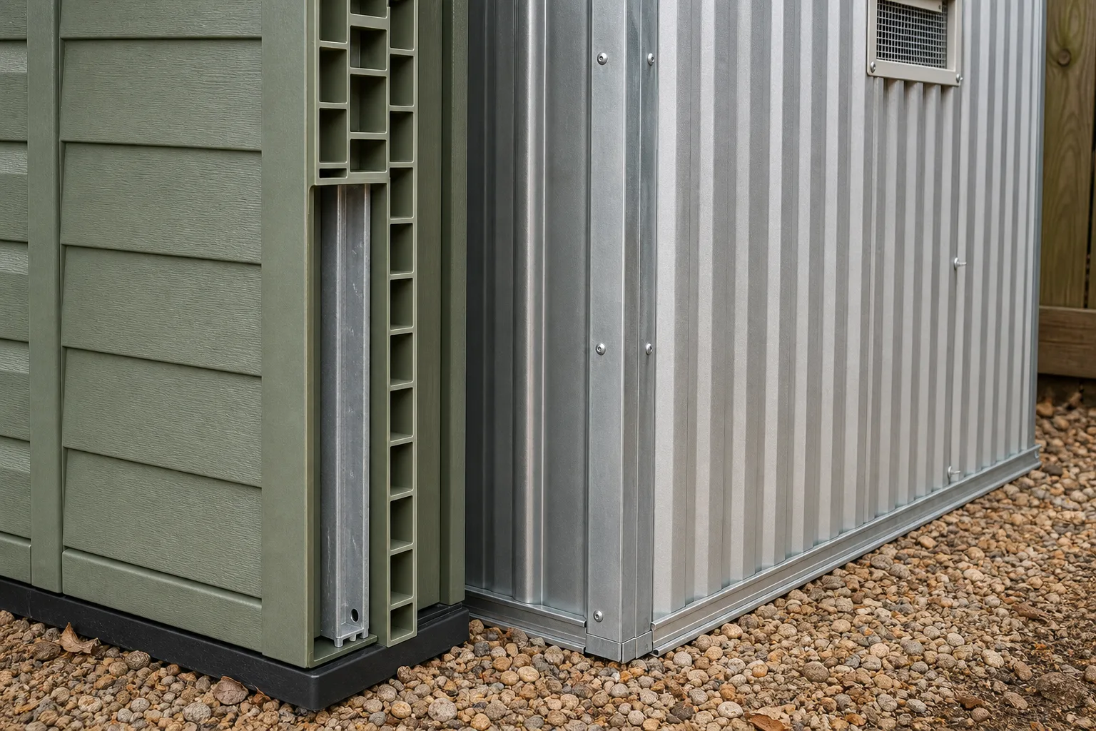 Molded resin wall construction beside corrugated galvanized steel shed panel
