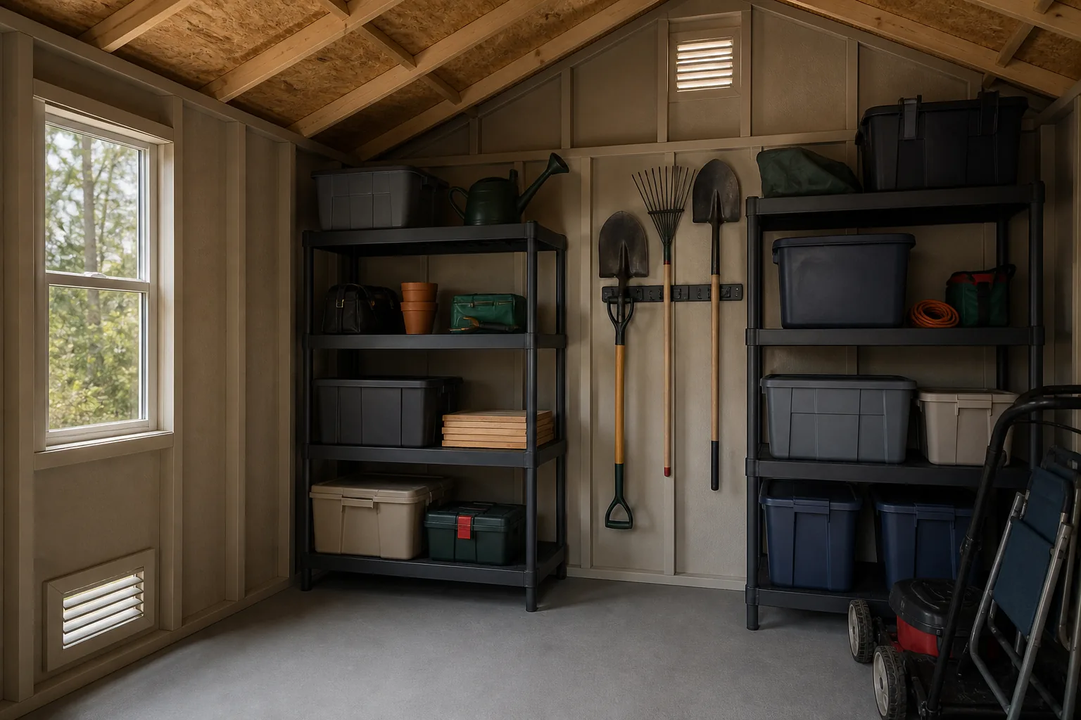 Organized shed interior with a low intake vent and high gable exhaust vent