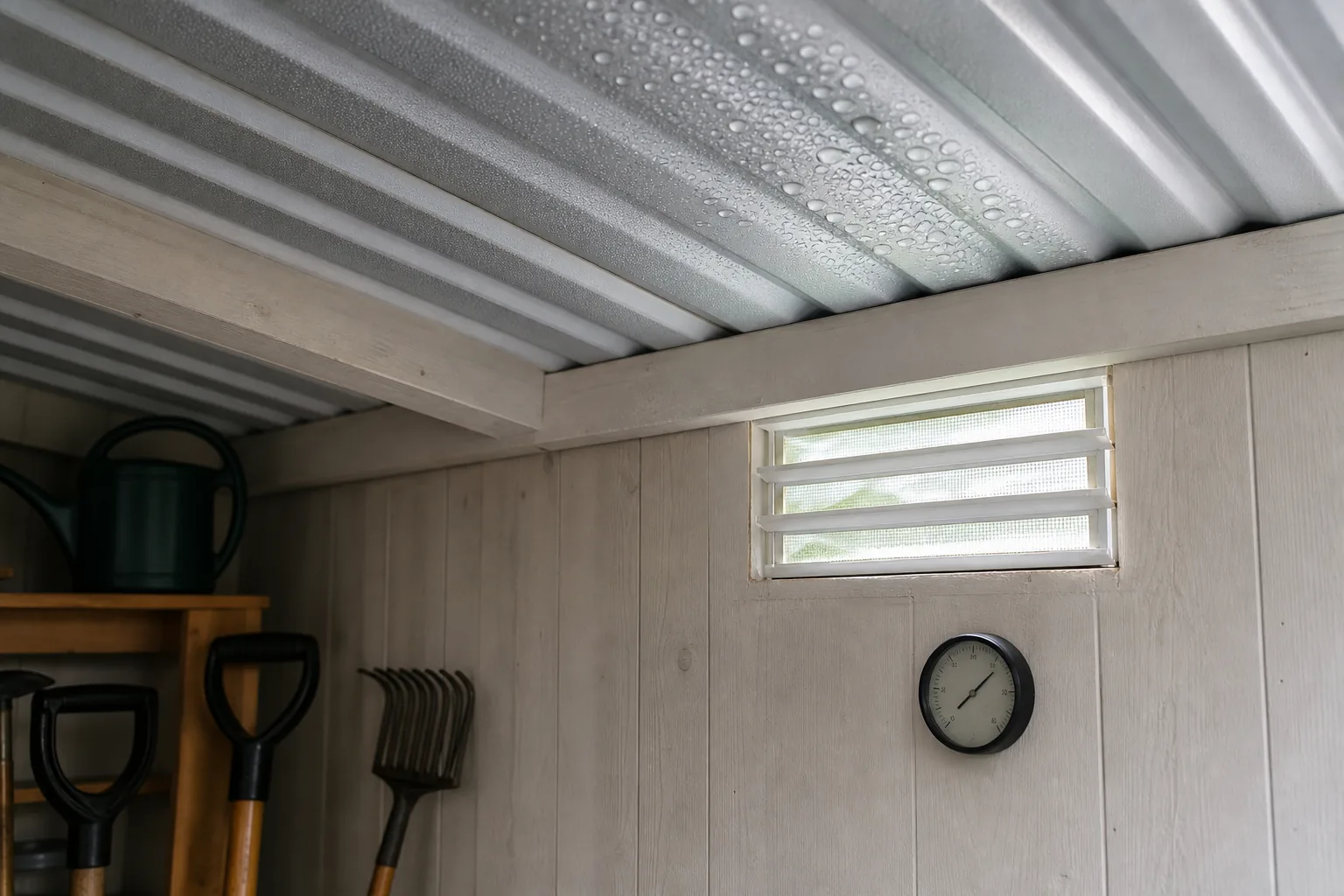 Small condensation droplets beneath a metal shed roof near a high vent and humidity gauge