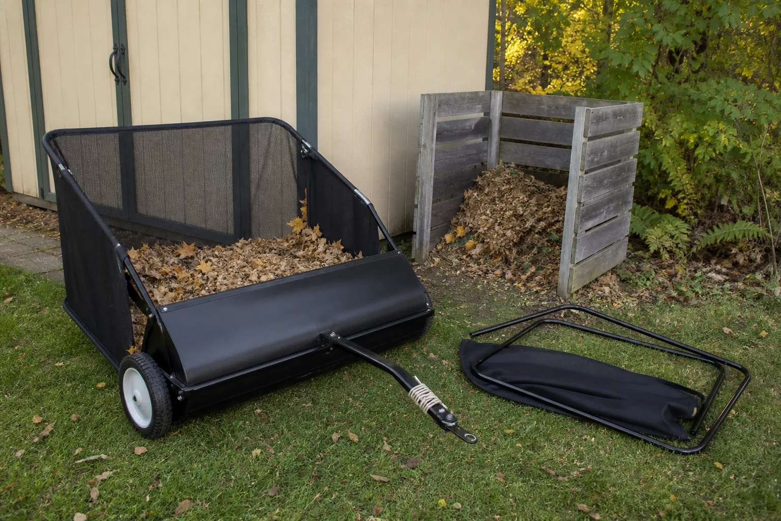 Lawn sweeper with dry leaves near a compost bay and detached folding hamper frame