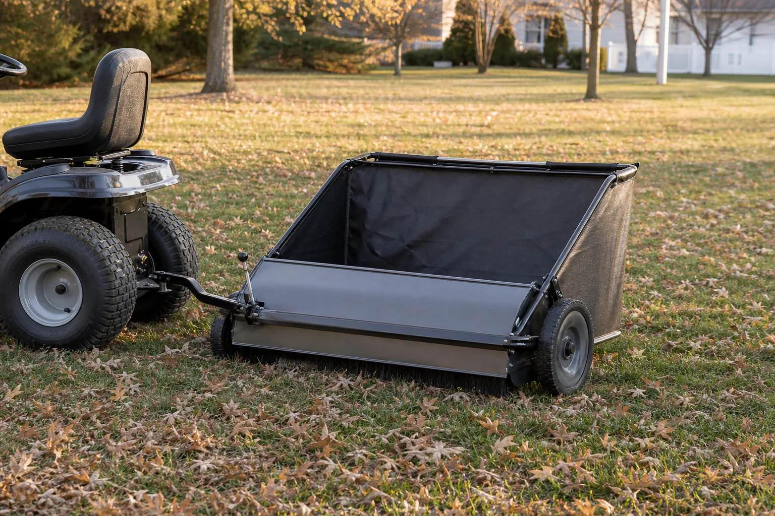 Tow-behind lawn sweepers: how to choose width, brushes, and hamper size