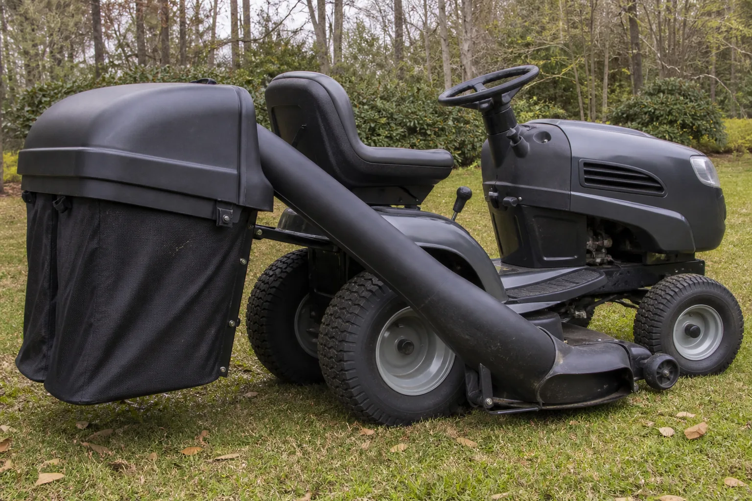Lawn tractor showing the mower deck, curved chute, and rear collection housing