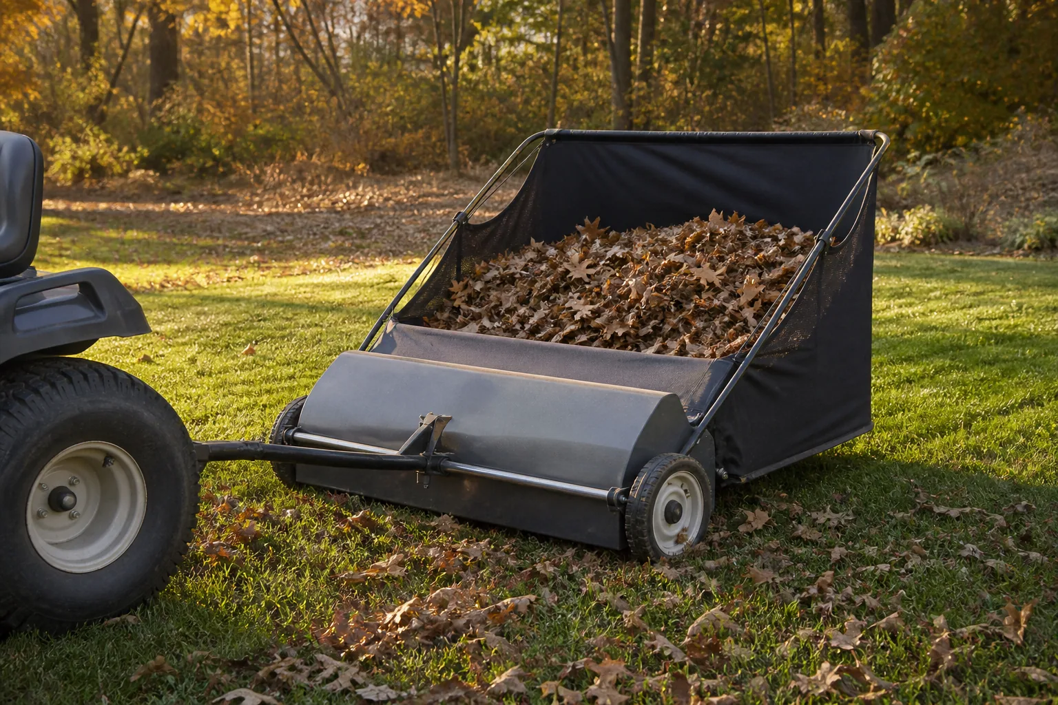 Tow-behind lawn sweeper with a partly filled hamper on a dry autumn lawn