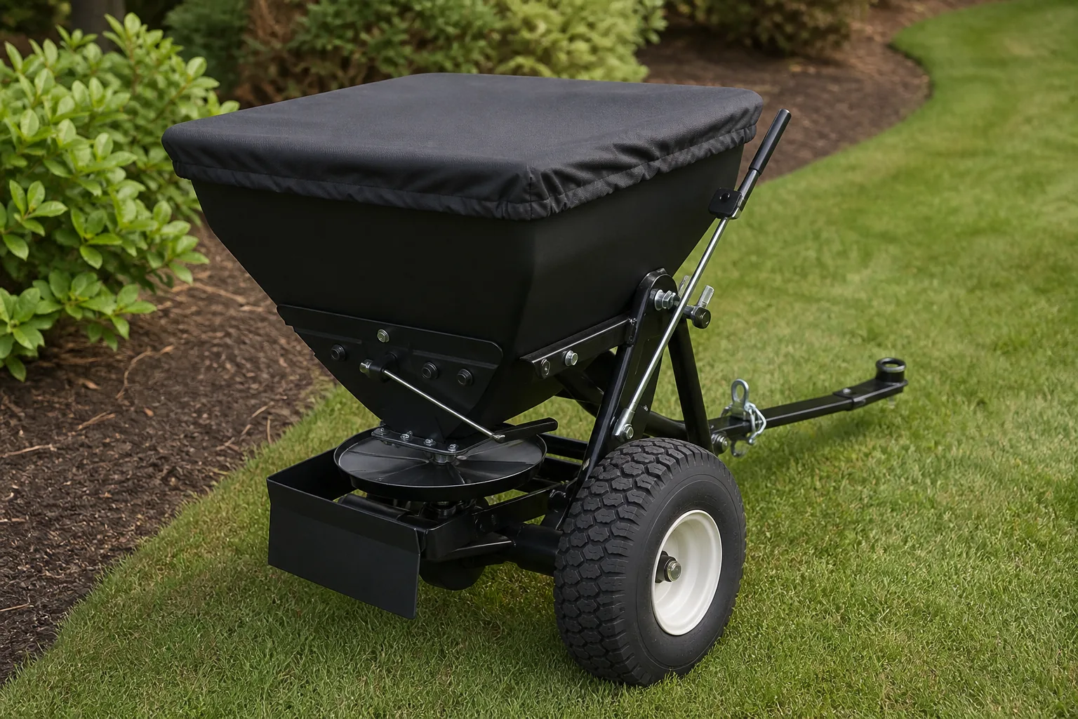 Rear view of a tow-behind spreader showing covered hopper, control linkage, spinner, tire, and edge deflector