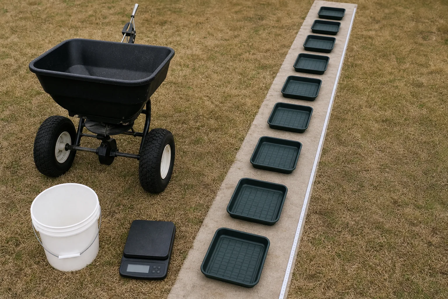 Tow spreader beside a line of catch pans, bucket, and plain scale on a lawn