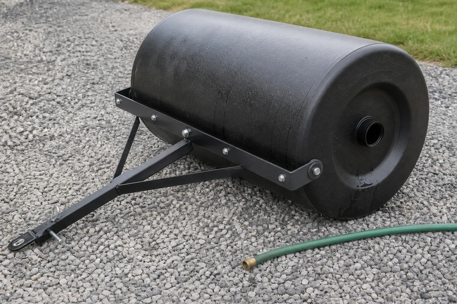 Water-fill tow-behind lawn roller with an open fill port and an unattached garden hose nearby