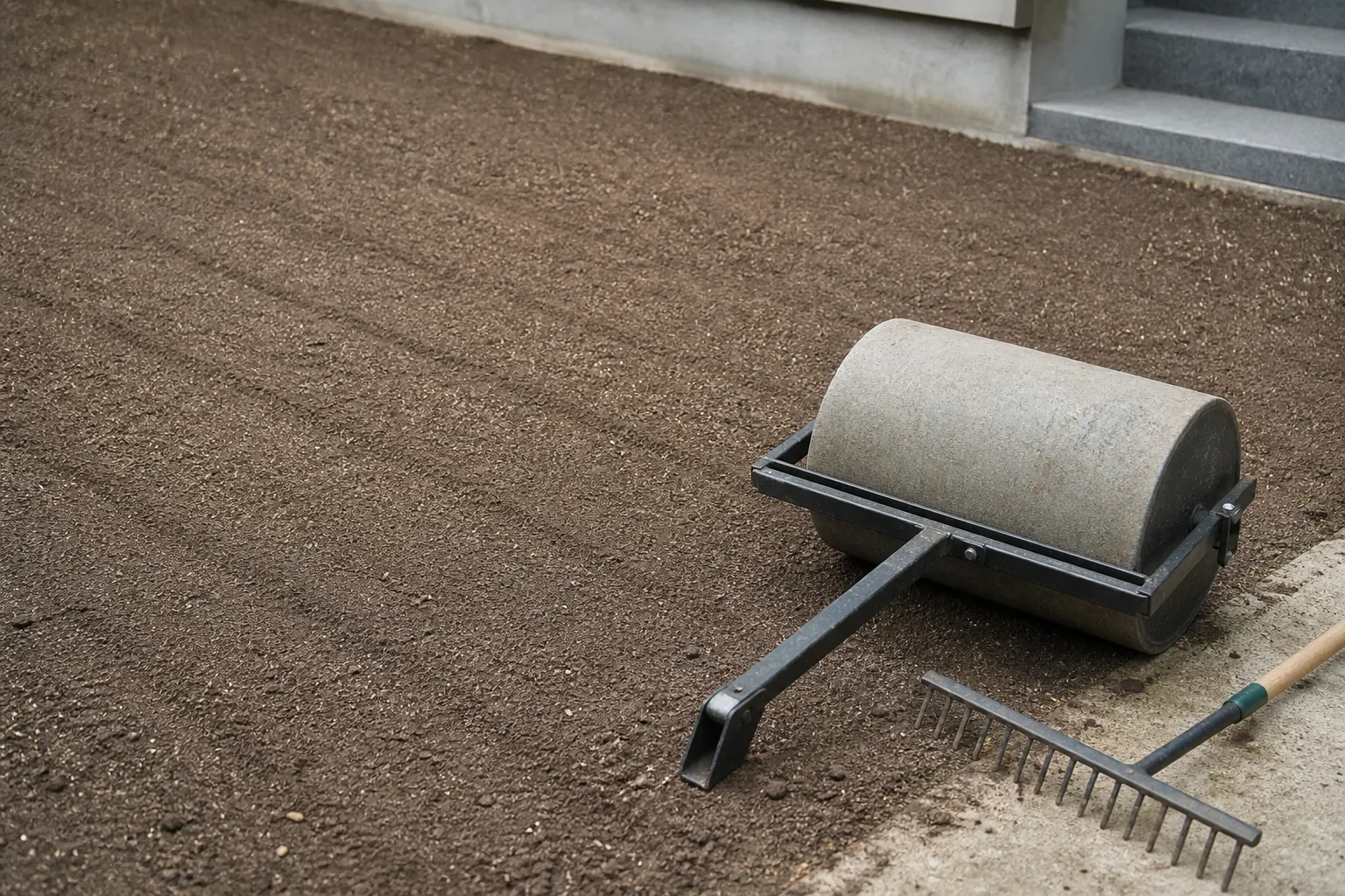 Lightweight lawn roller and grading rake on a dry prepared seedbed