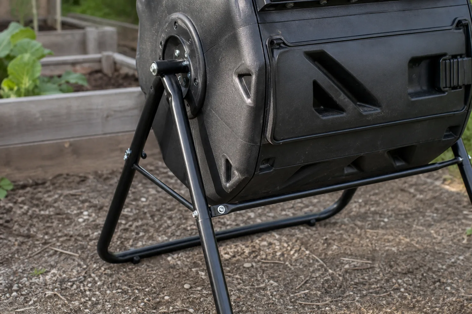 Close view of a compost tumbler axle, braced steel stand, ventilation slots, and door latch