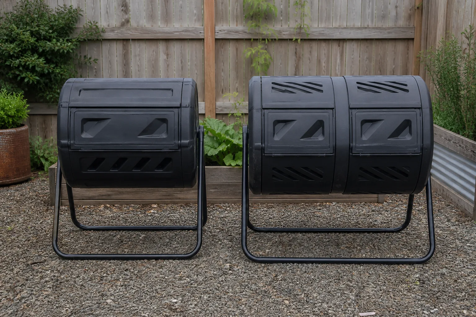 Single-chamber and dual-chamber compost tumblers standing side by side in a backyard