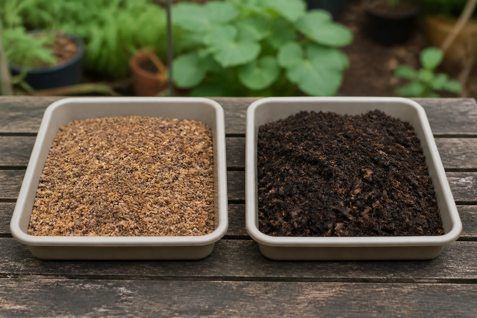 Two unbranded garden trays showing dry processed food particles and dark mature compost