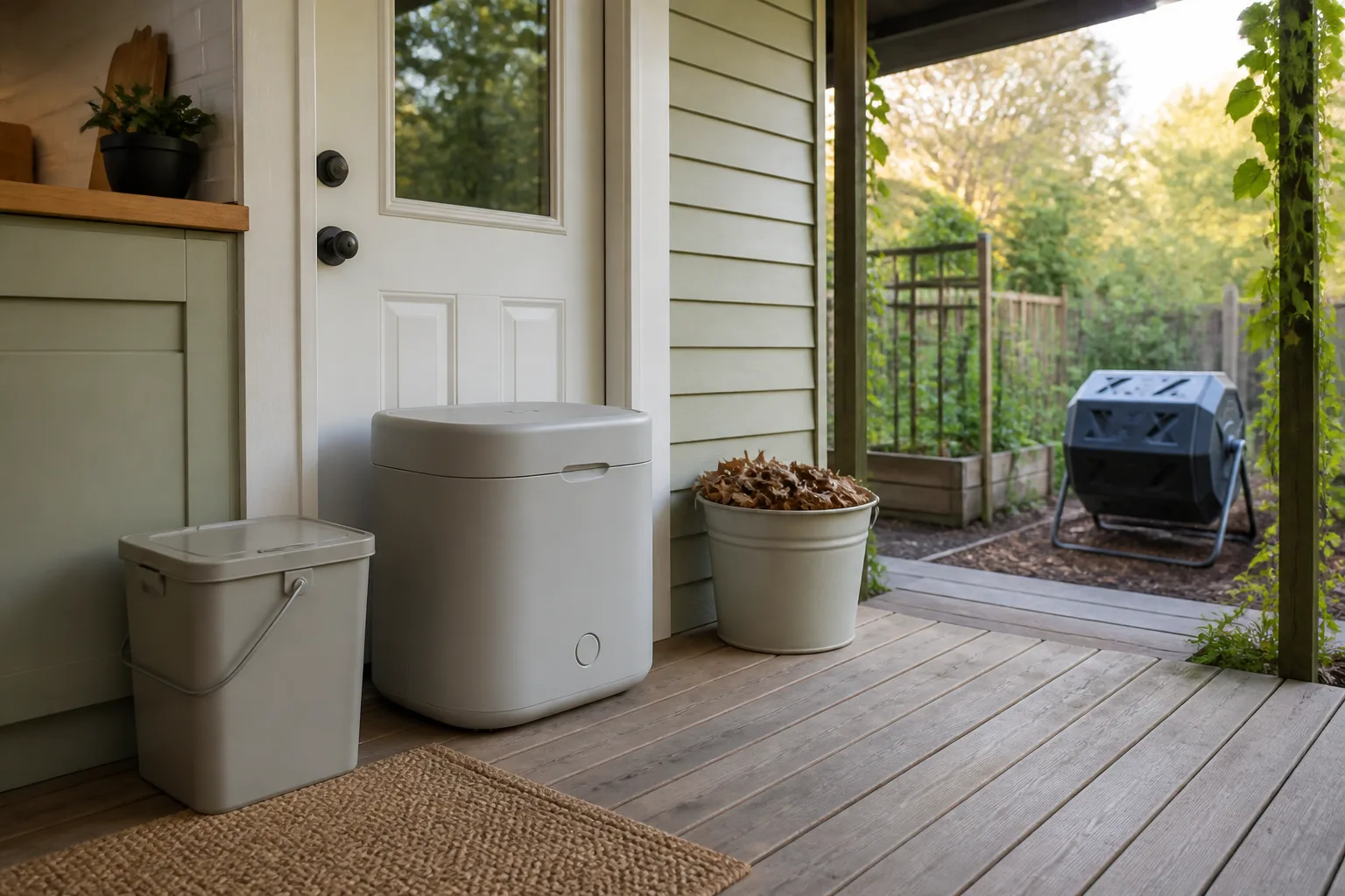 Kitchen scrap caddy, unbranded electric recycler, bucket of dry leaves, and outdoor tumbler arranged as a realistic household workflow