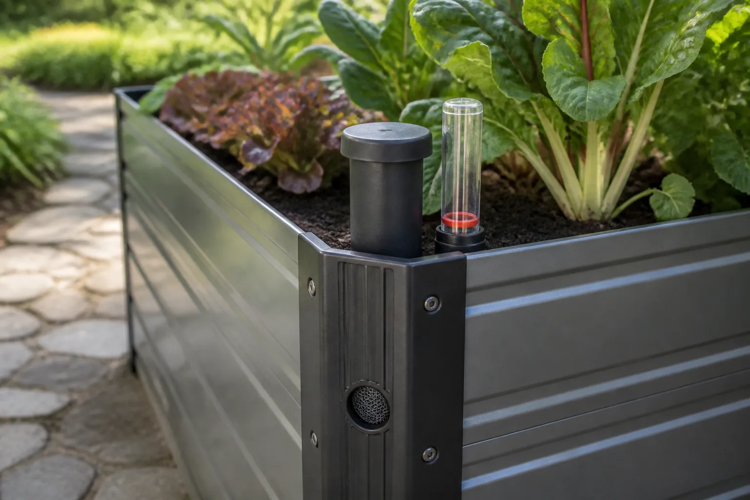 Close view of an unbranded raised bed fill tube, water-level float, screened overflow, and accessible corner panel