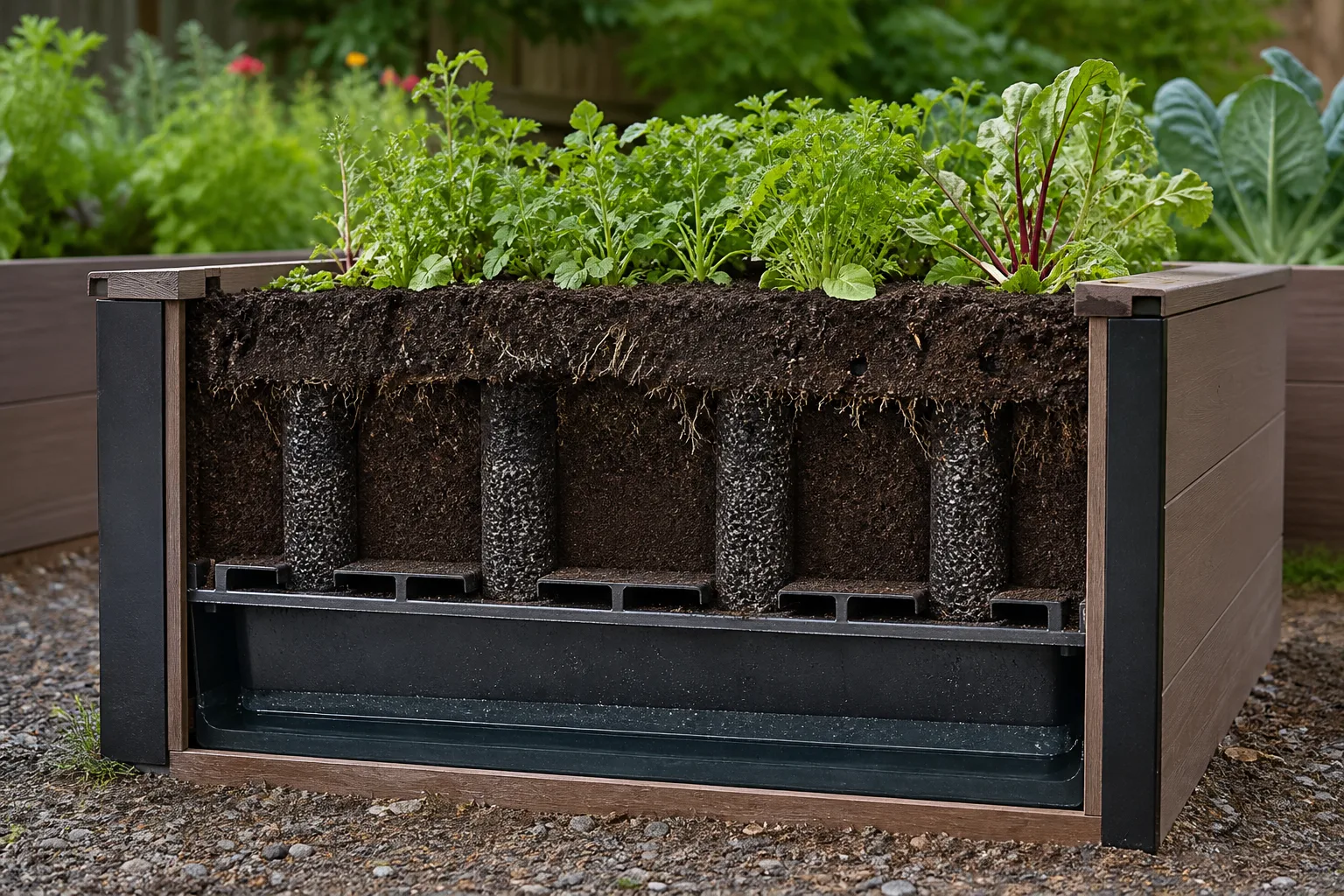 Realistic cutaway-style garden scene showing soil above a water reservoir with wicking columns and an air gap