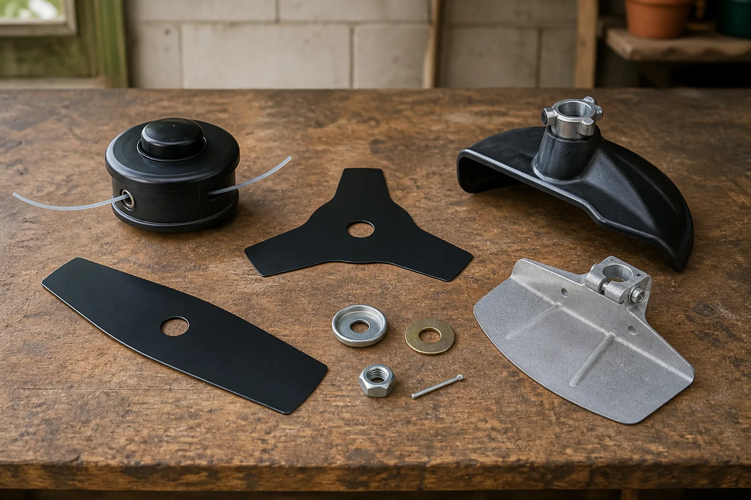 Unbranded string head, grass blade, brush knife, matching guards, washers, and nuts arranged on a clean workbench
