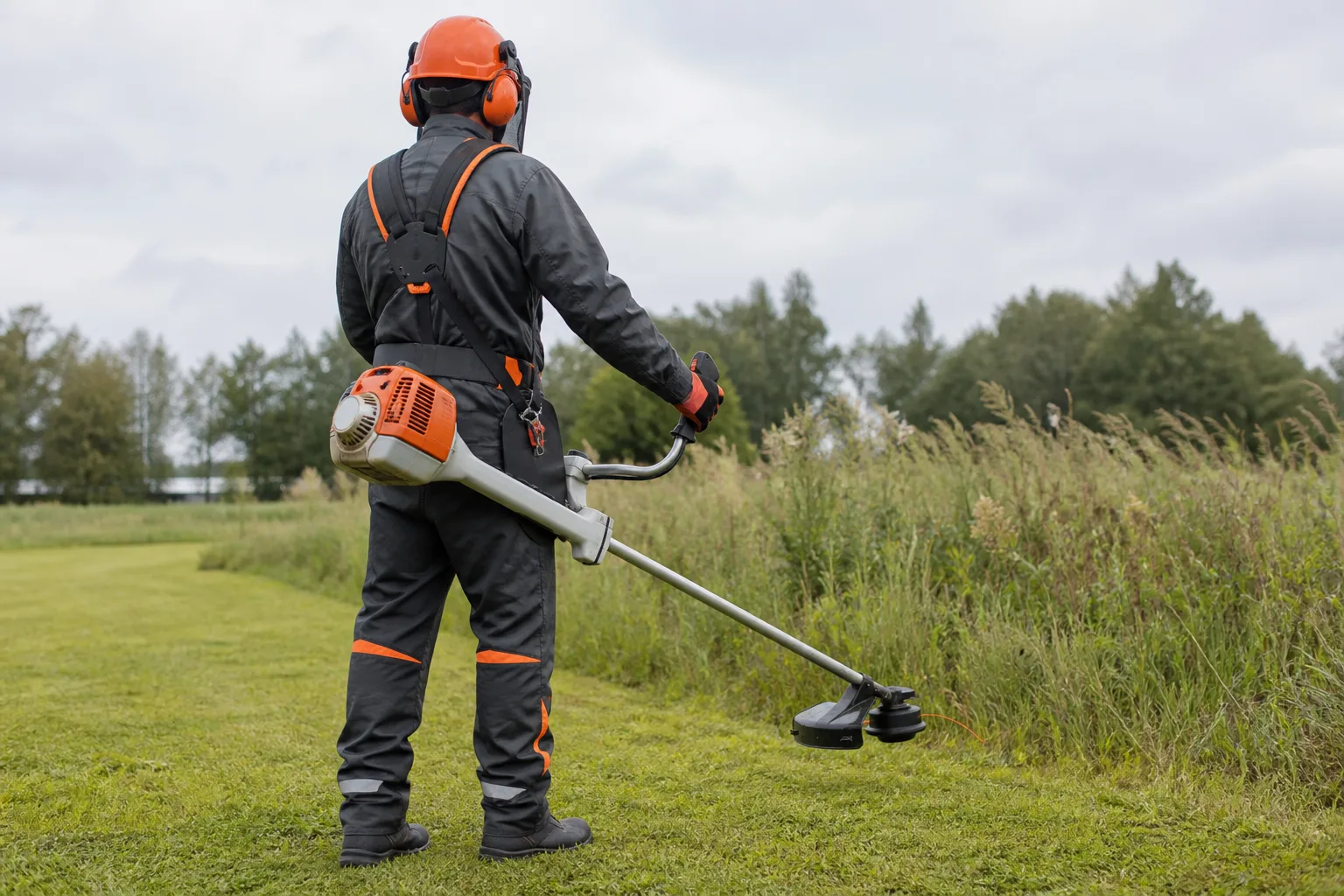 Generic grounds worker seen from behind wearing full protective gear and a balanced harness with an unbranded brush cutter switched off
