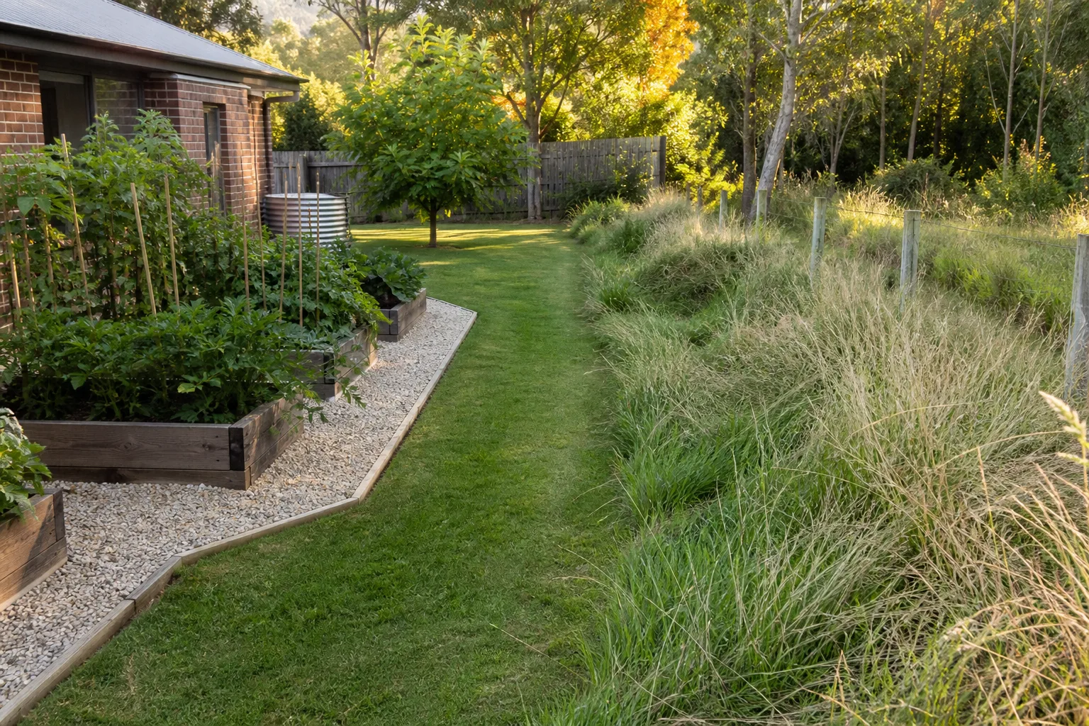 Split-property scene with clean lawn edges near raised beds and dense rough grass along an open boundary