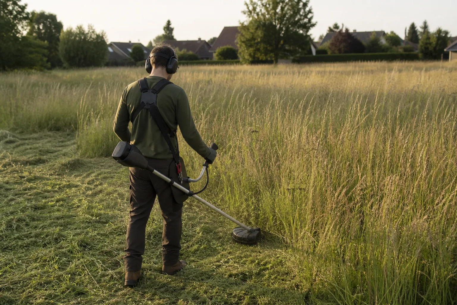 Worker using a harnessed battery brush cutter at the edge of a large meadow
