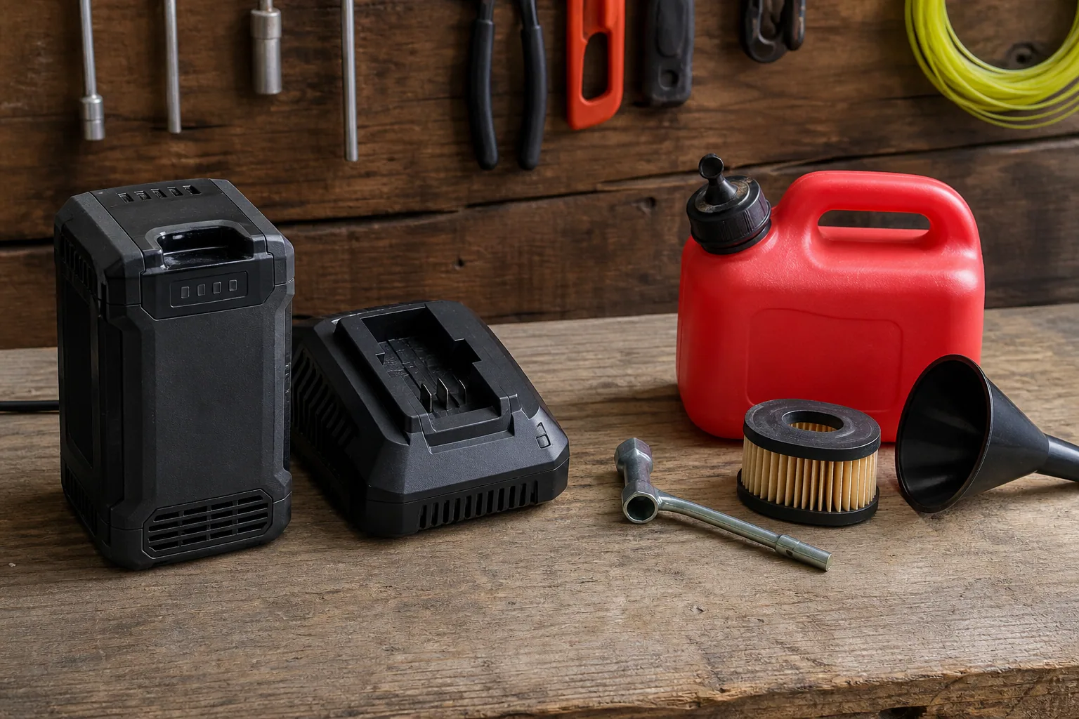 Brush cutter battery and charger beside a fuel container, air filter, wrench, and funnel