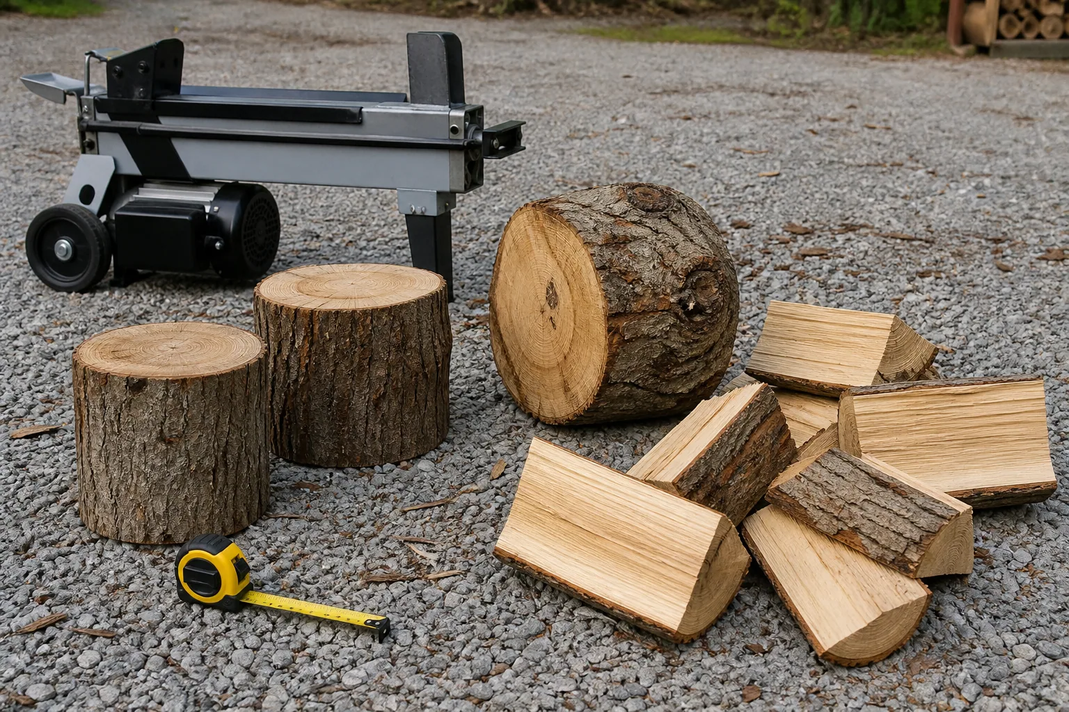 Straight and knotty natural firewood rounds in several sizes beside a stationary electric splitter
