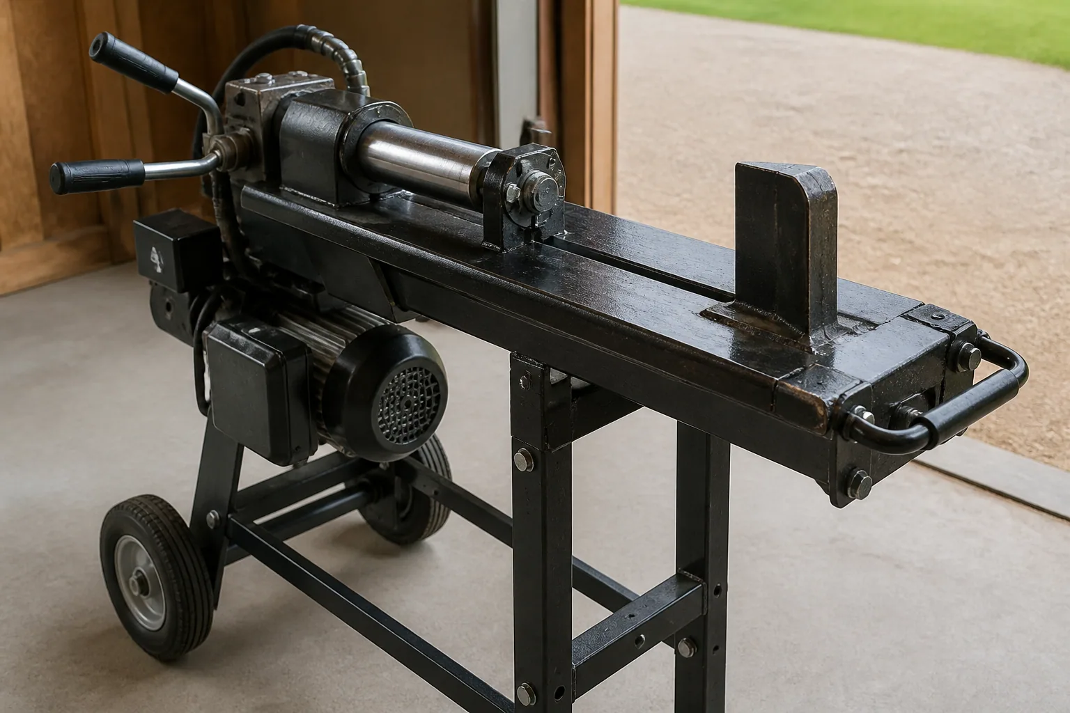 Close view of a stationary electric log splitter ram, wedge, cradle, controls, motor, and stand