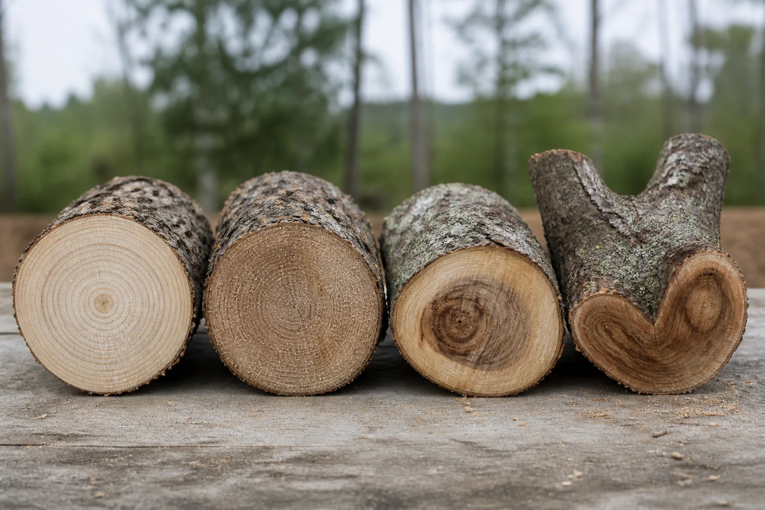 Straight-grained, dense, knotty, and forked firewood rounds viewed from their cut ends