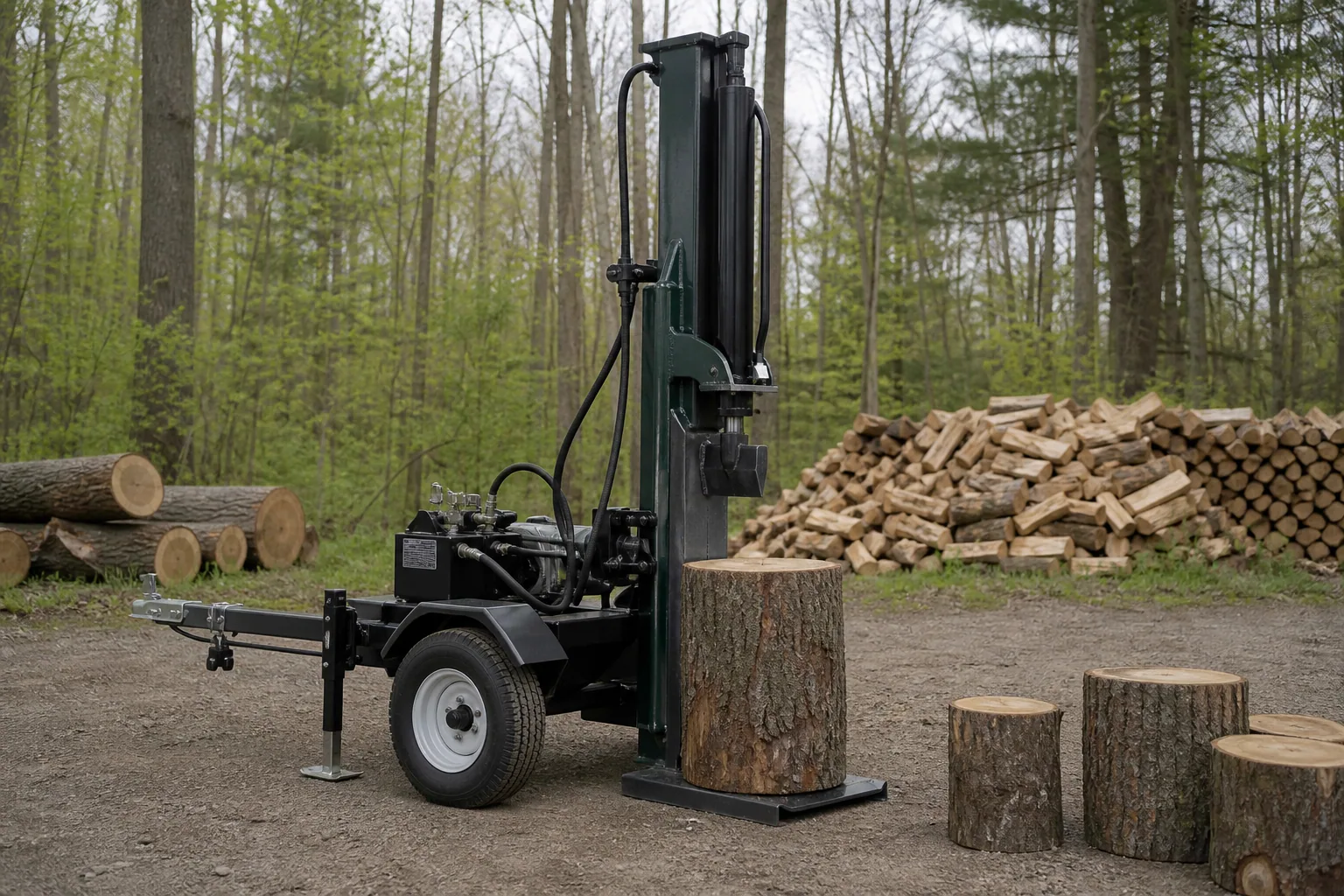 Stationary towable log splitter locked vertically with a large round resting on its base plate