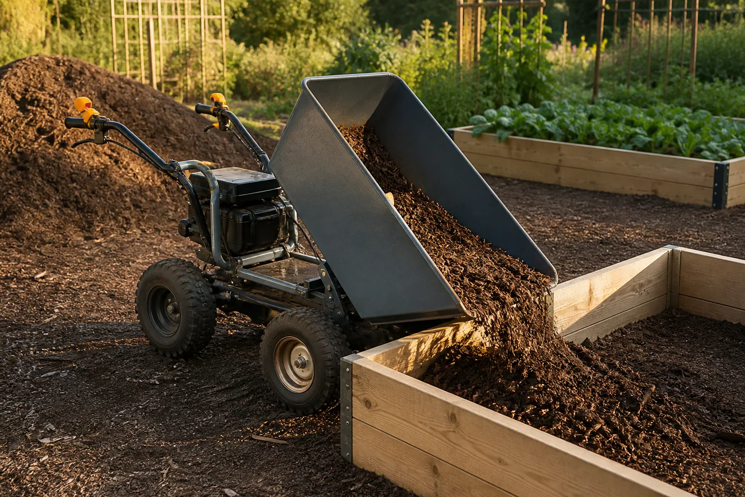 Unbranded power wheelbarrow in a controlled tip position beside a raised bed