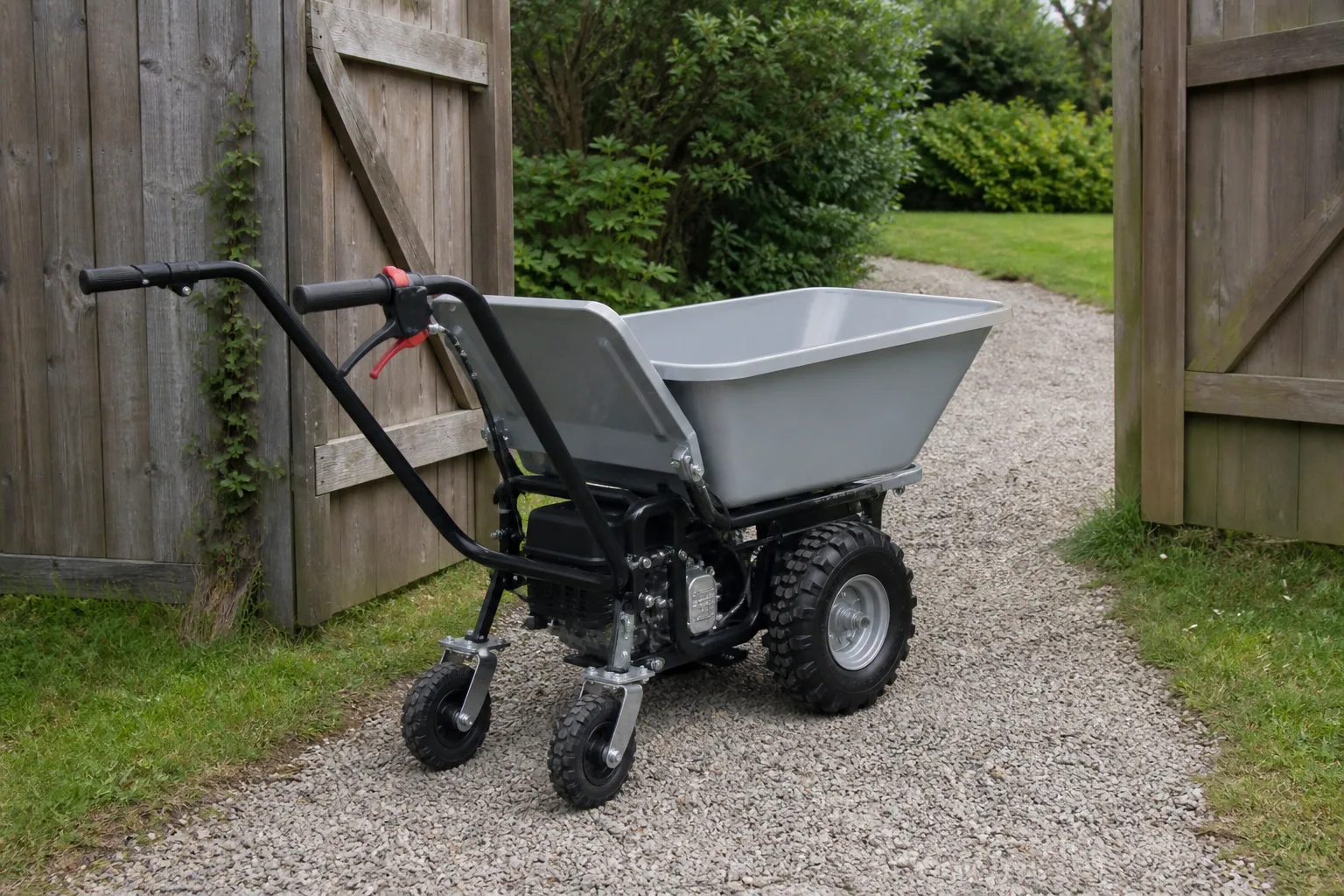 Unbranded power wheelbarrow showing tire tread, support wheels, handles, and gate clearance on gravel